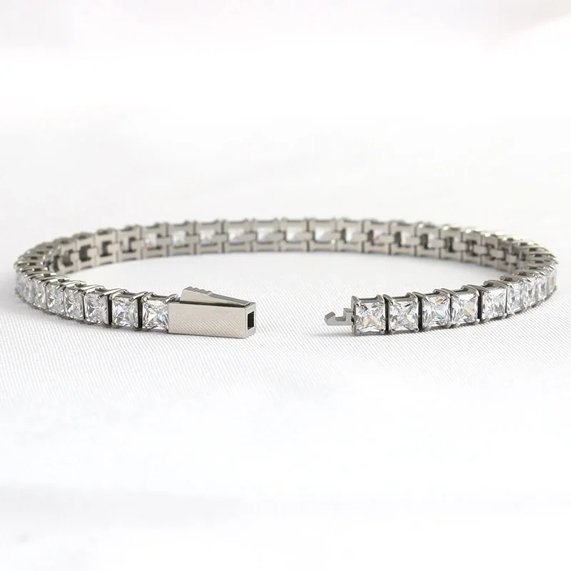 Polished 316 Stainless Steel Square CZ Tennis Bracelet
