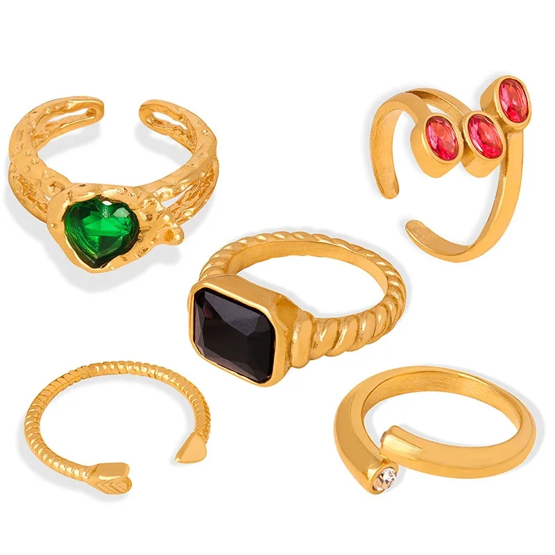 Stainless Steel Rings with Heart and Emerald-Cut Glass Crystals