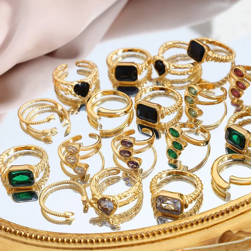 Stainless Steel Rings with Heart and Emerald-Cut Glass Crystals