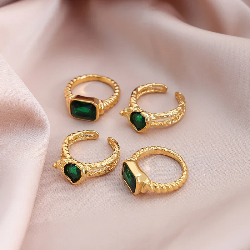 Stainless Steel Rings with Heart and Emerald-Cut Glass Crystals