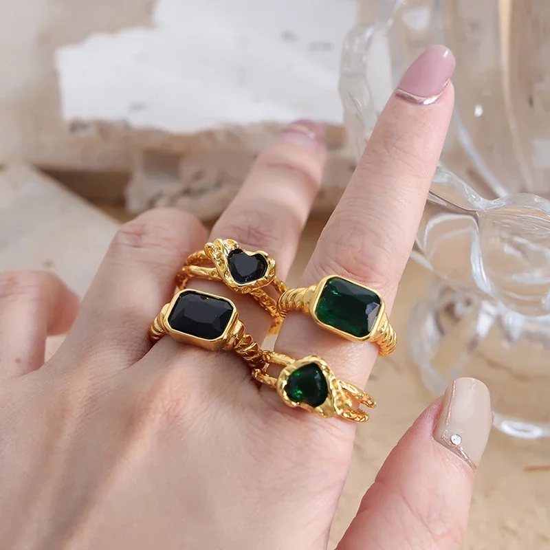 Stainless Steel Rings with Heart and Emerald-Cut Glass Crystals