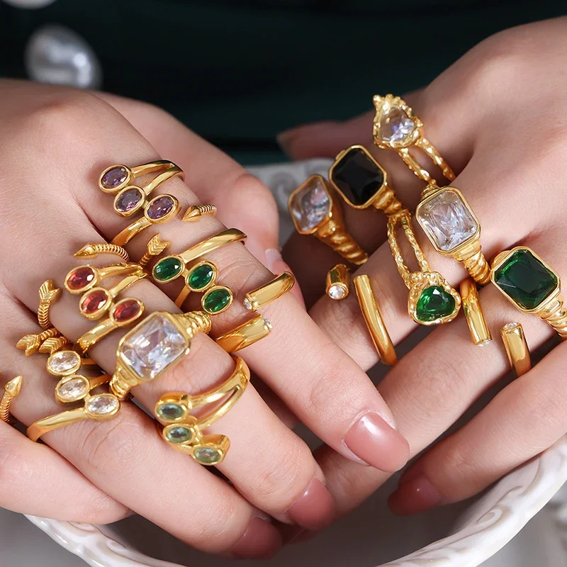 Stainless Steel Rings with Heart and Emerald-Cut Glass Crystals