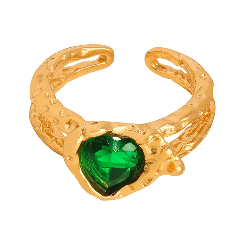 Stainless Steel Rings with Heart and Emerald-Cut Glass Crystals - Gold Green Glass Crystal