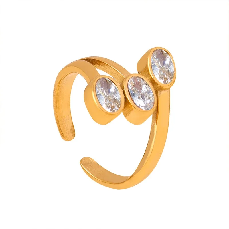Stainless Steel Rings with Heart and Emerald-Cut Glass Crystals - Gold White Crystal