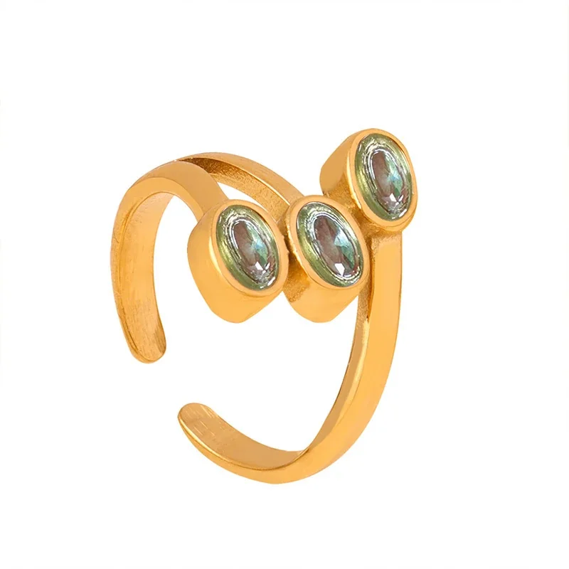 Stainless Steel Rings with Heart and Emerald-Cut Glass Crystals - Gold Mint Green Crystal
