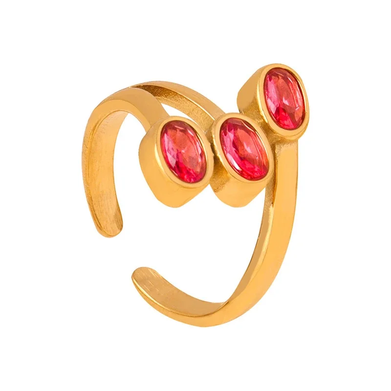 Stainless Steel Rings with Heart and Emerald-Cut Glass Crystals - Gold Red Crystal