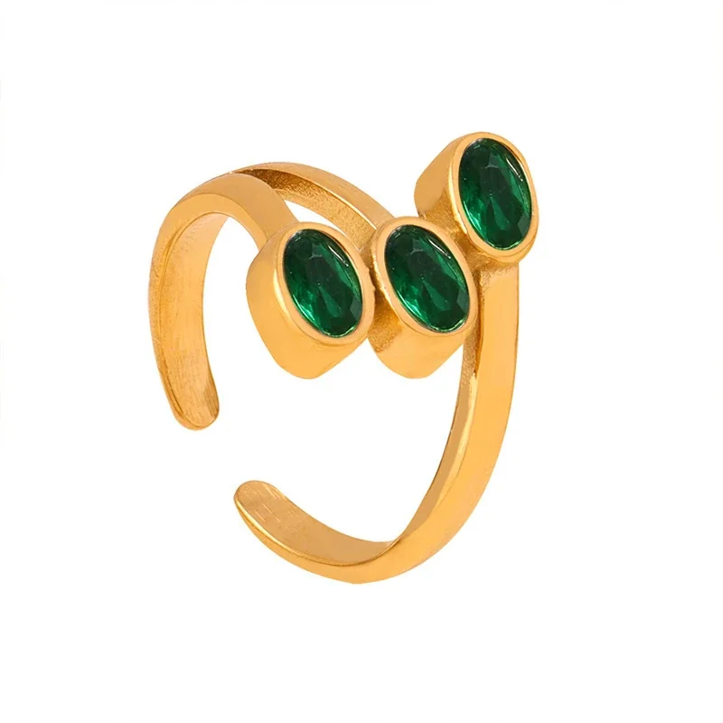 Stainless Steel Rings with Heart and Emerald-Cut Glass Crystals - Gold Green Crystal