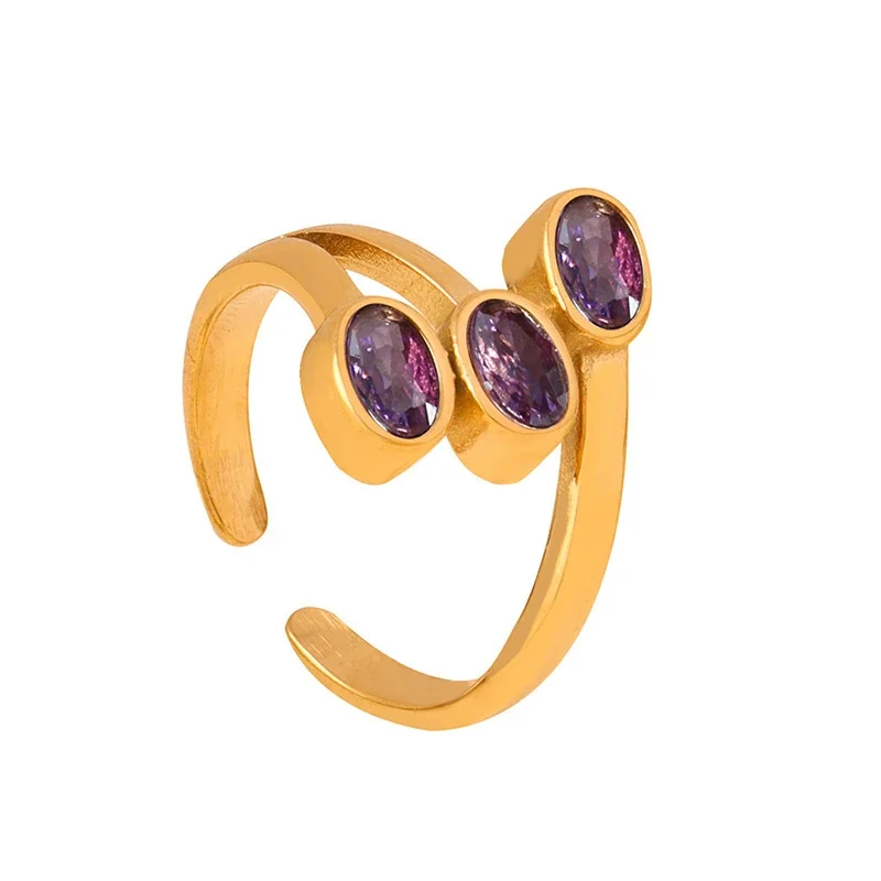 Stainless Steel Rings with Heart and Emerald-Cut Glass Crystals - Gold Purple Crystal