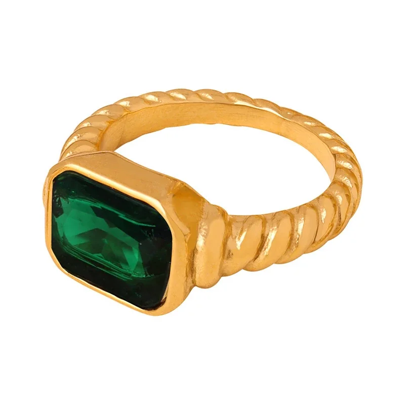 Stainless Steel Rings with Heart and Emerald-Cut Glass Crystals - Gold Green Glass Crystal Size