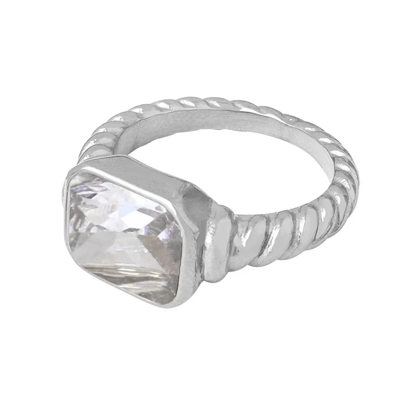 Stainless Steel Rings with Heart and Emerald-Cut Glass Crystals - Silver White Glass Crystal Size
