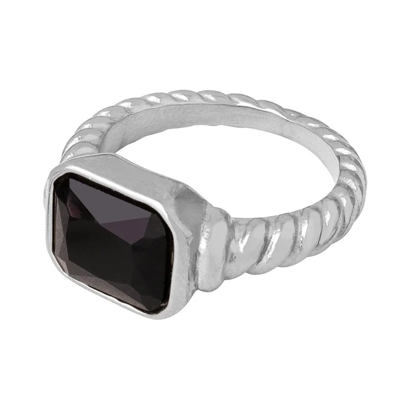 Stainless Steel Rings with Heart and Emerald-Cut Glass Crystals - Silver Black Glass Crystal Size