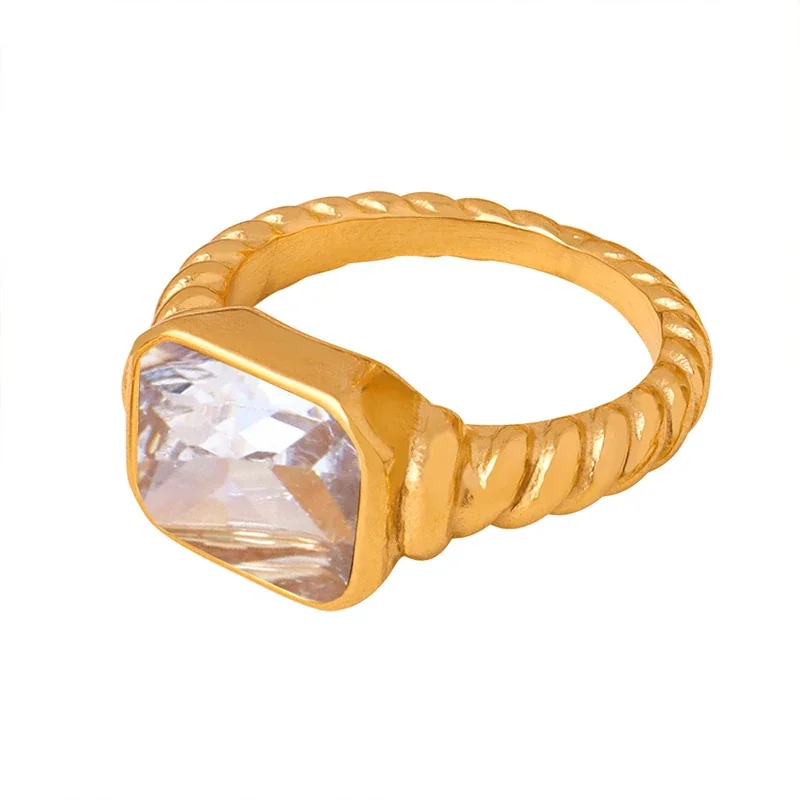Stainless Steel Rings with Heart and Emerald-Cut Glass Crystals - Gold White Glass Crystal Size