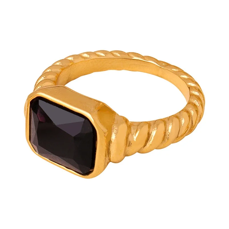 Stainless Steel Rings with Heart and Emerald-Cut Glass Crystals - Gold Black Glass Crystal Size