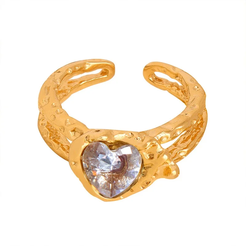 Stainless Steel Rings with Heart and Emerald-Cut Glass Crystals - Gold White Glass Crystal