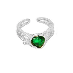 Stainless Steel Rings with Heart and Emerald-Cut Glass Crystals - Silver Green Glass Crystal Size