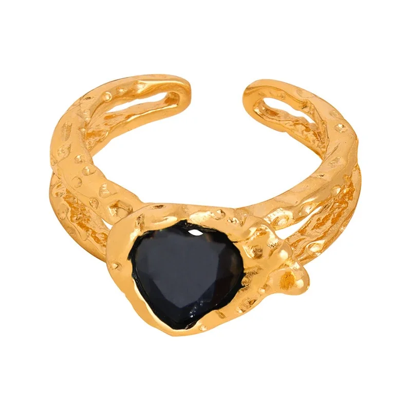 Stainless Steel Rings with Heart and Emerald-Cut Glass Crystals - Gold Black Glass Crystal