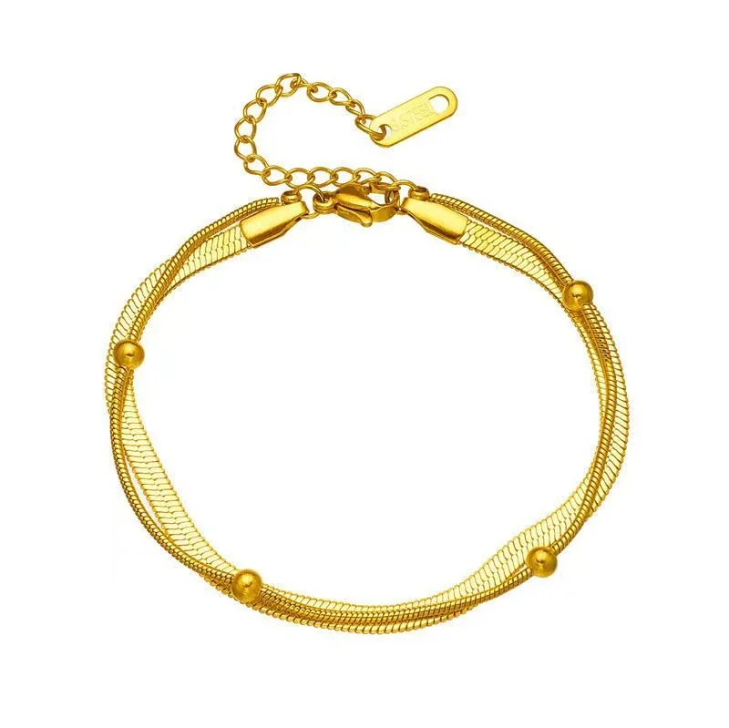 Sleek Stainless Steel Gold-Tone Herringbone Bead Anklet