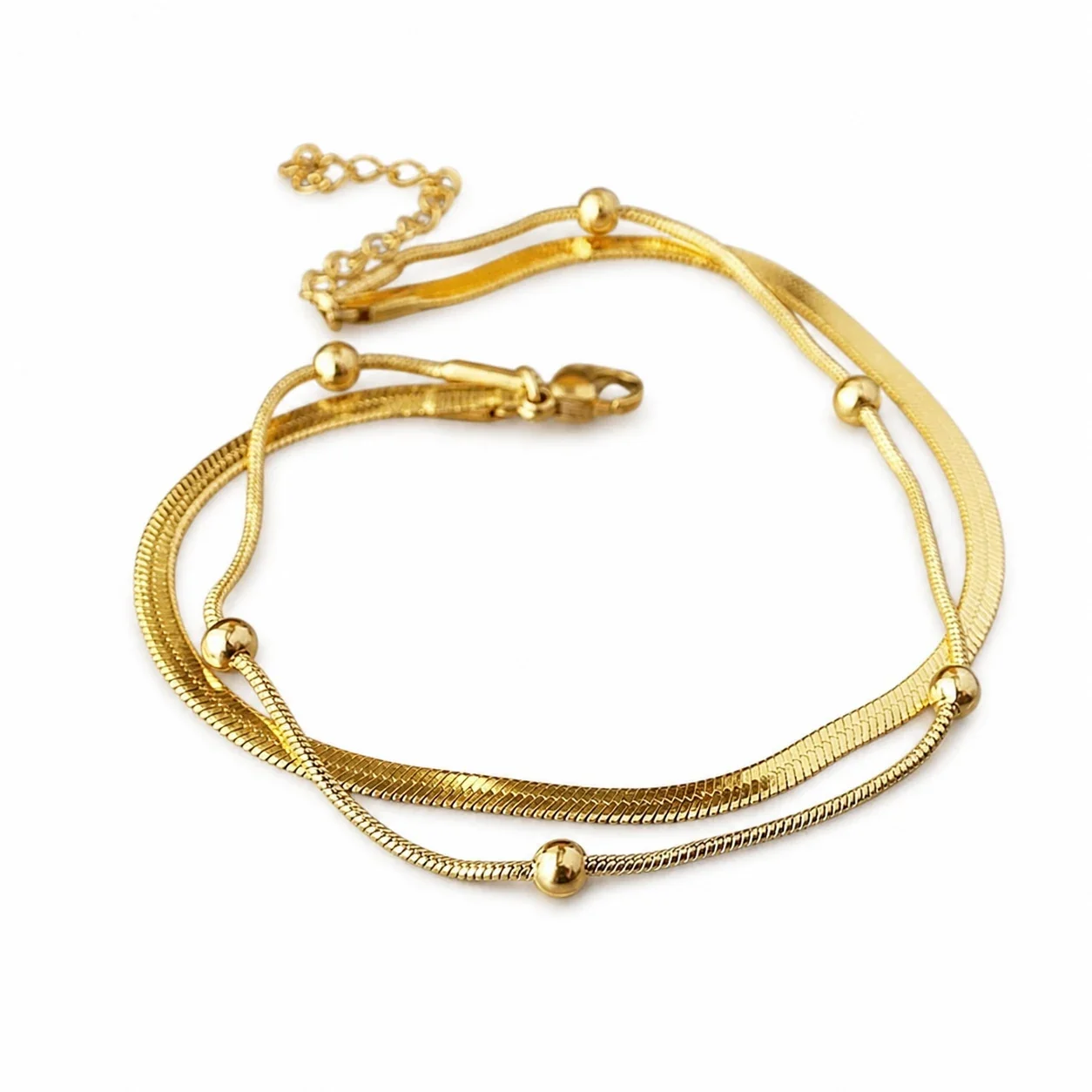 Sleek Stainless Steel Gold-Tone Herringbone Bead Anklet