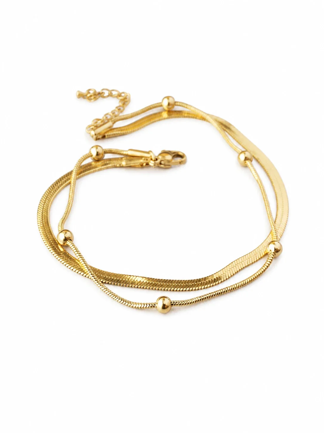 Sleek Stainless Steel Gold-Tone Herringbone Bead Anklet - Gold