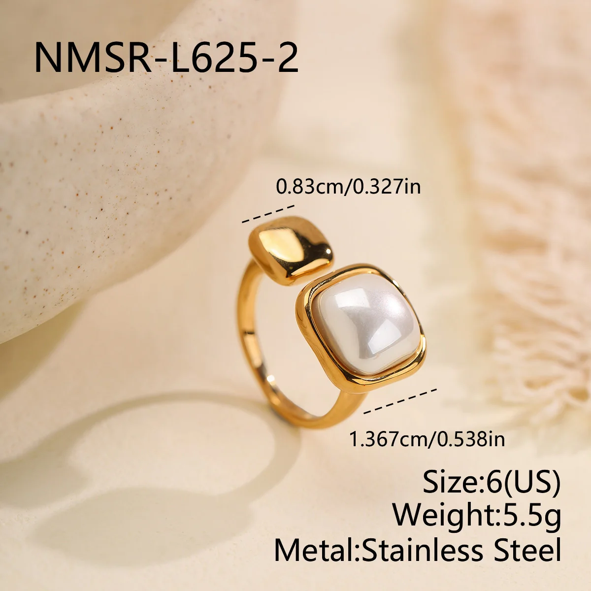 Open ring met parelaccenten in zetting, verguld staal productfoto