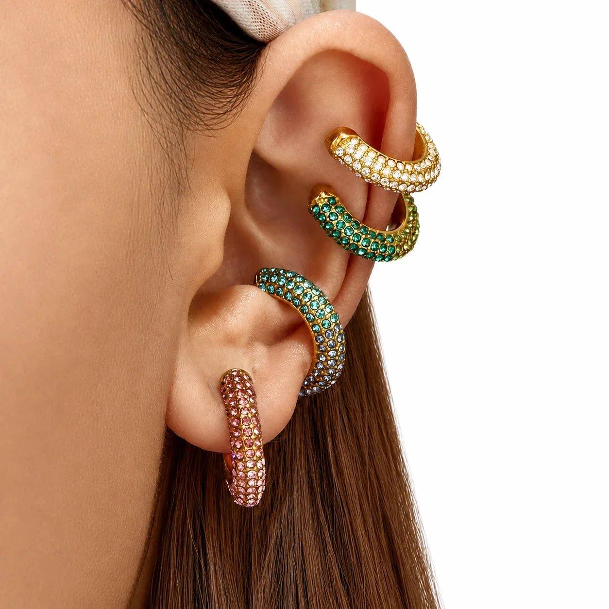 Bold Gold-Plated 316L Pavé Crystal C Ear Cuff