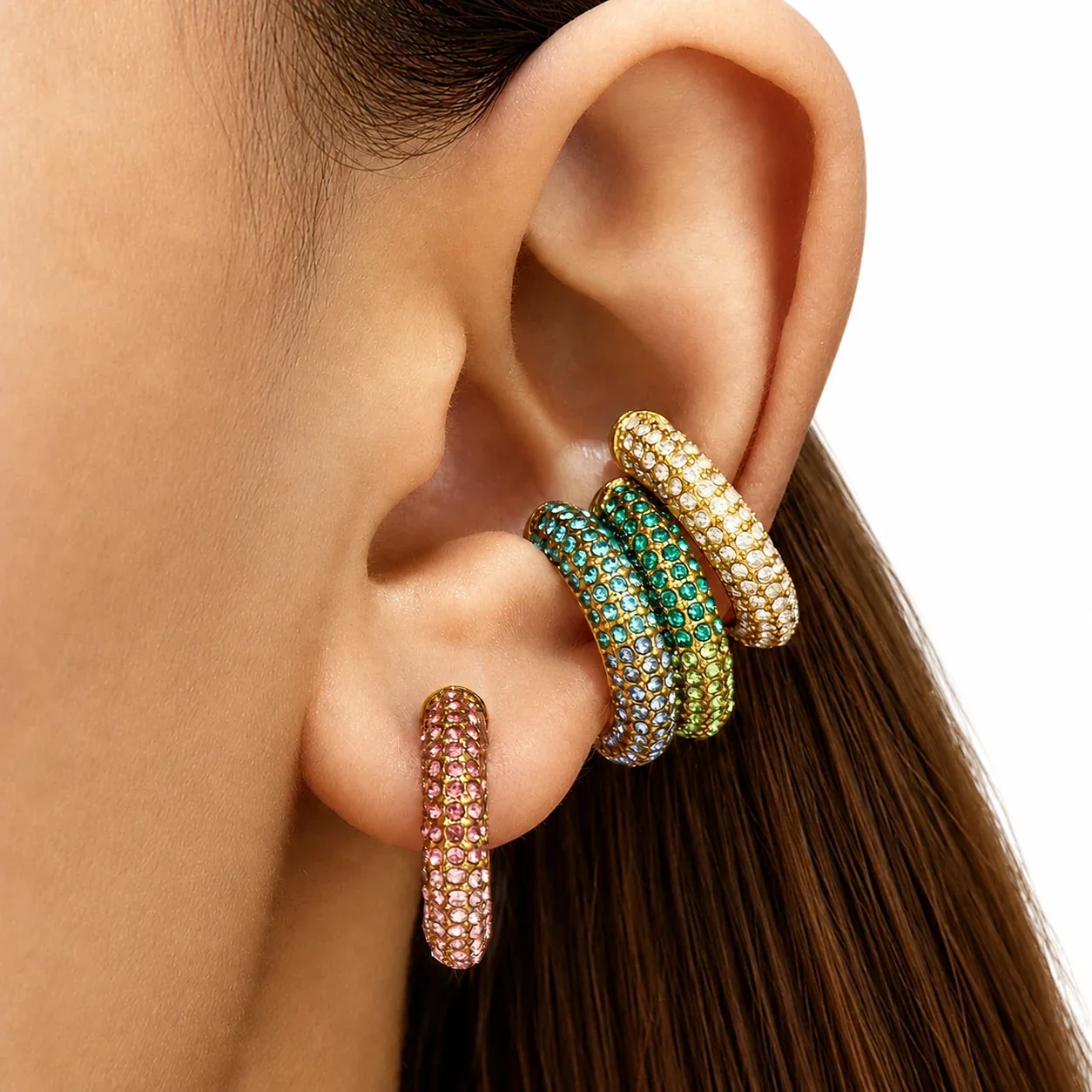 Bold Gold-Plated 316L Pavé Crystal C Ear Cuff