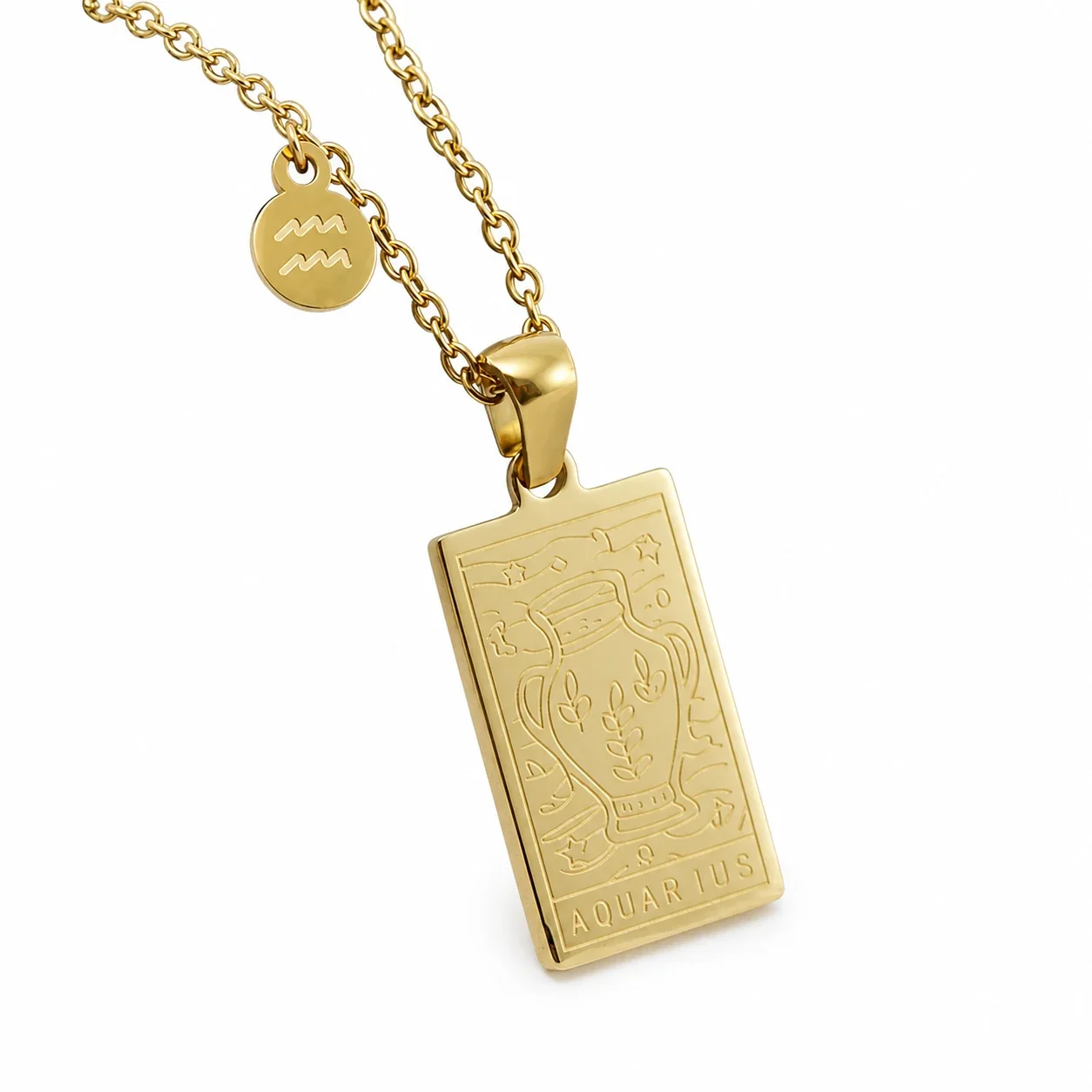 Celestial Gold-Plated Zodiac Tag Pendant Necklace - Aquarius