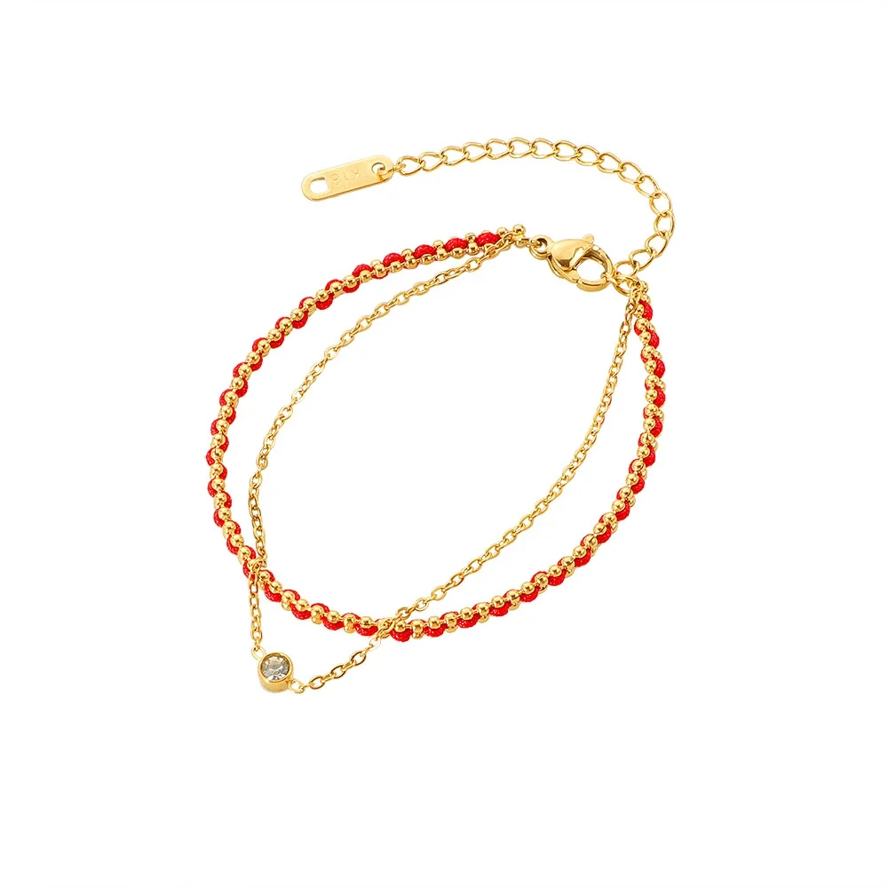 Delicate Gold-Plated Red Cord Double-Chain Bracelet