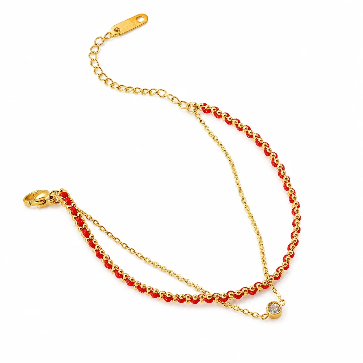 Delicate Gold-Plated Red Cord Double-Chain Bracelet