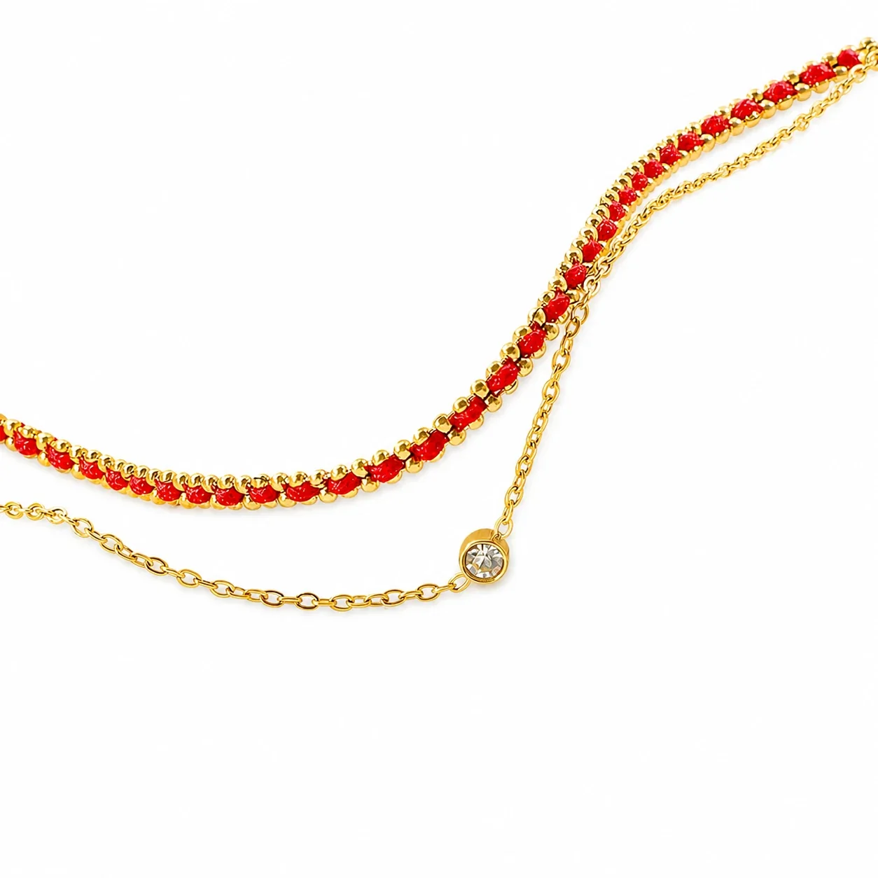 Delicate Gold-Plated Red Cord Double-Chain Bracelet