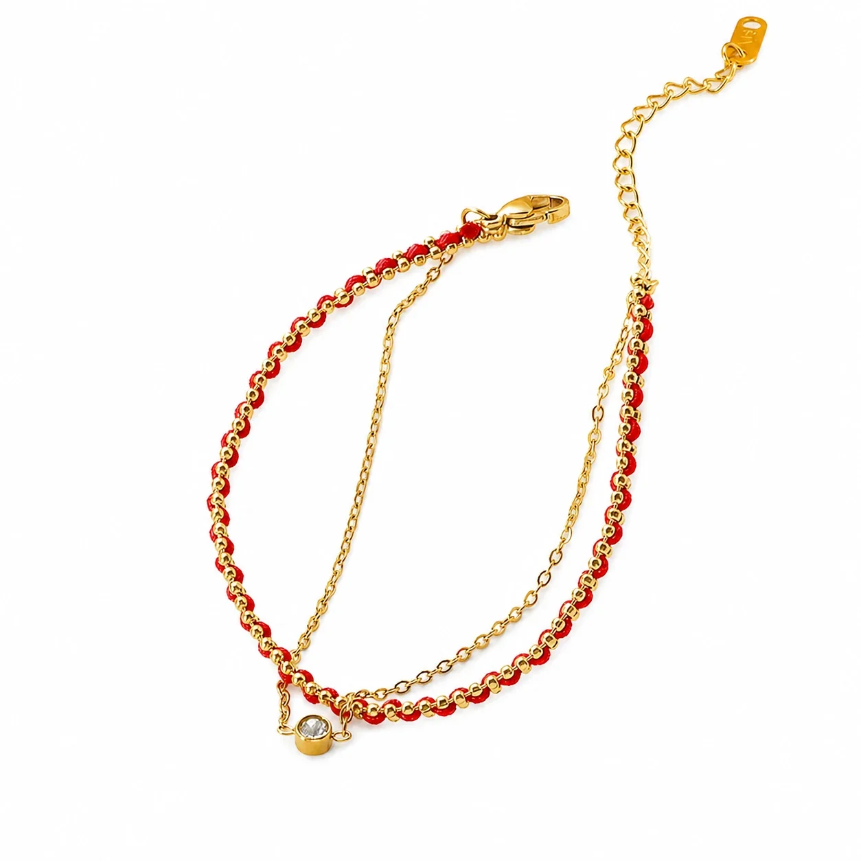 Delicate Gold-Plated Red Cord Double-Chain Bracelet