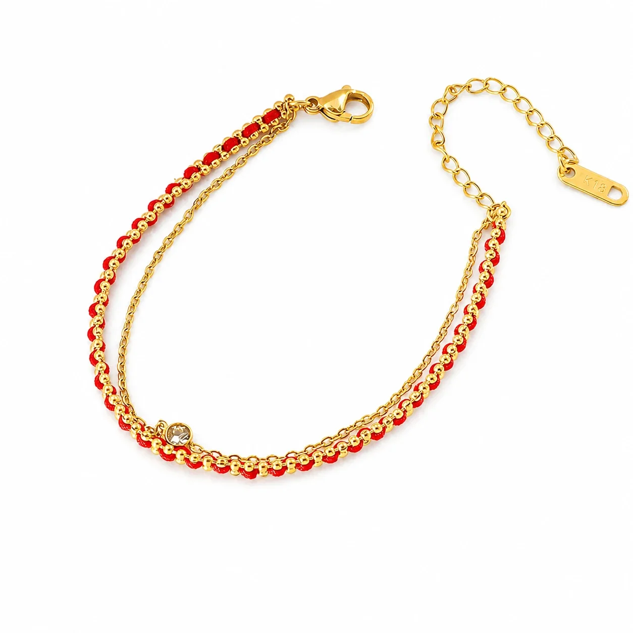 Delicate Gold-Plated Red Cord Double-Chain Bracelet
