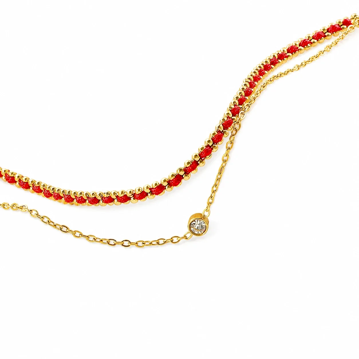 Delicate Gold-Plated Red Cord Double-Chain Bracelet - Gold / Red