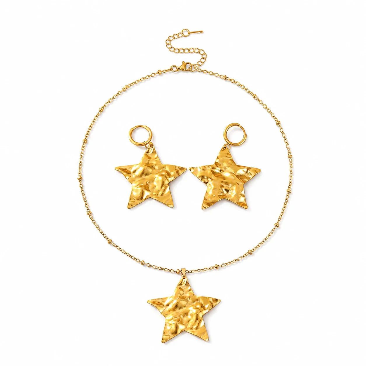 Sculptural Gold-Plated Hammered Star Jewelry Set