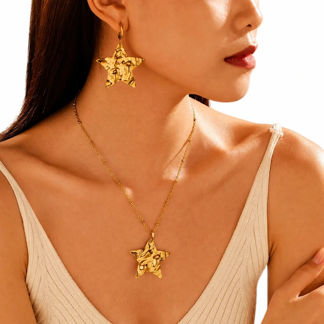 Sculptural Gold-Plated Hammered Star Jewelry Set