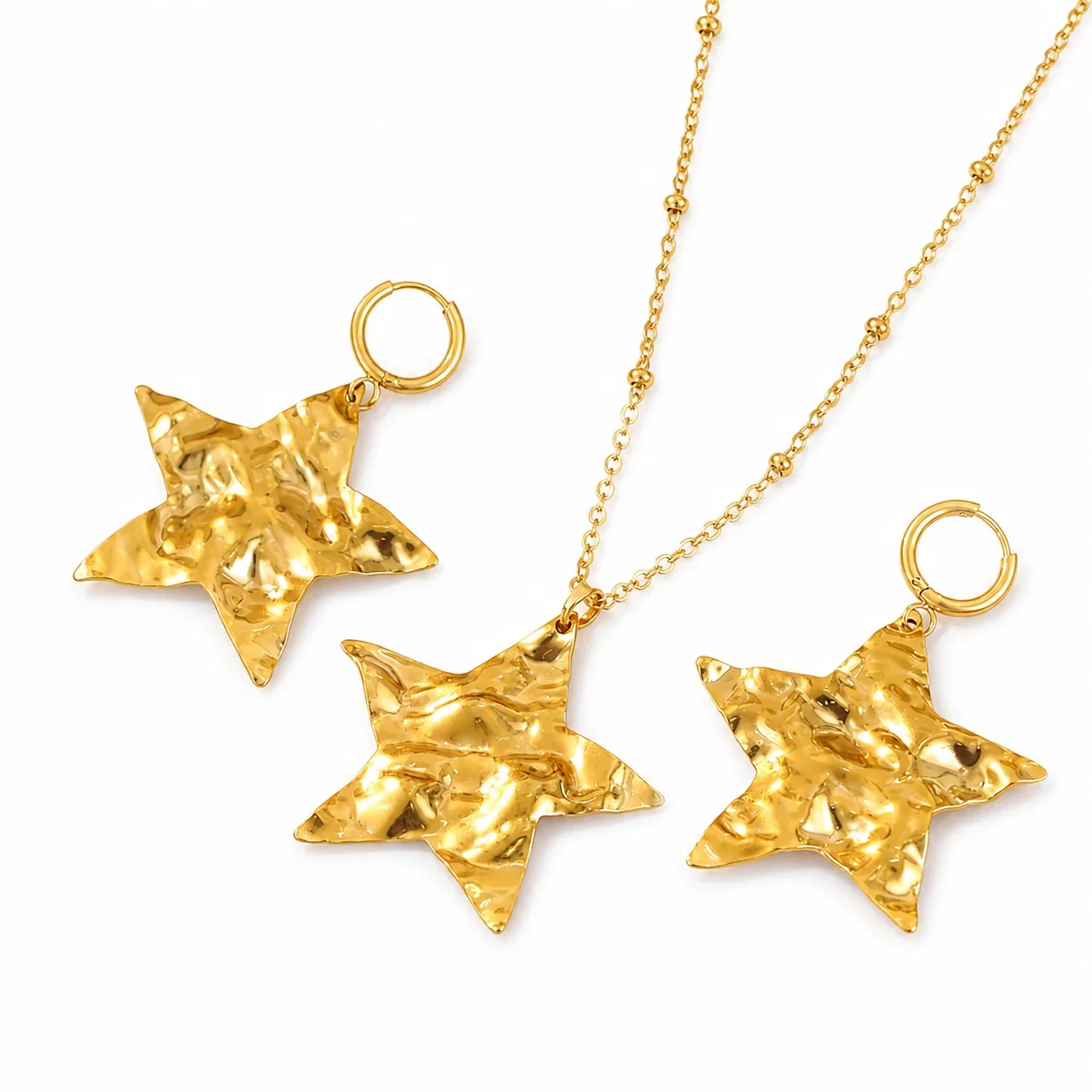 Sculptural Gold-Plated Hammered Star Jewelry Set