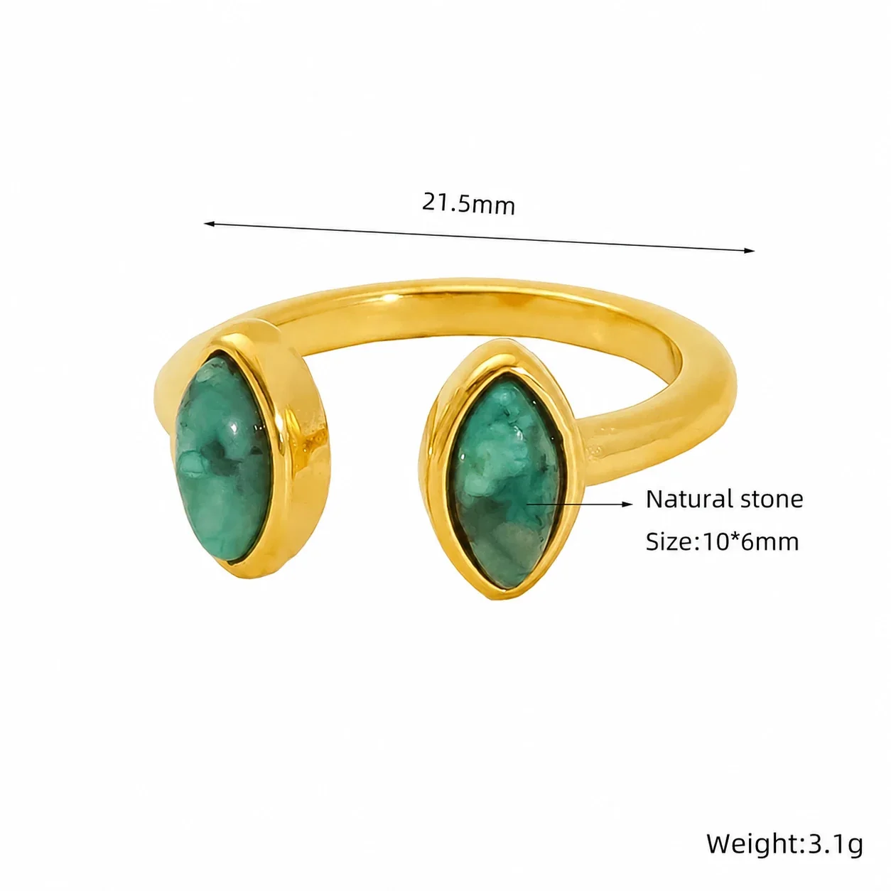 Sculptural 18K Gold-Plated Bezel Teardrop Open Ring - Green Teardrop