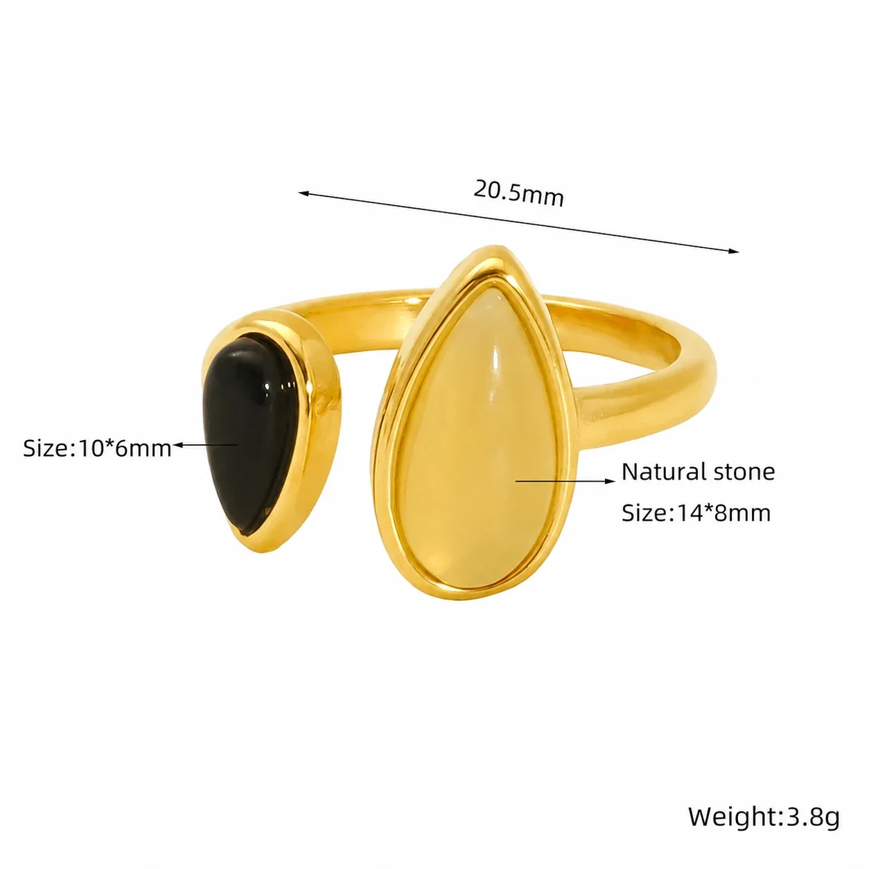 Sculptural 18K Gold-Plated Bezel Teardrop Open Ring - Black Cream Teardrop