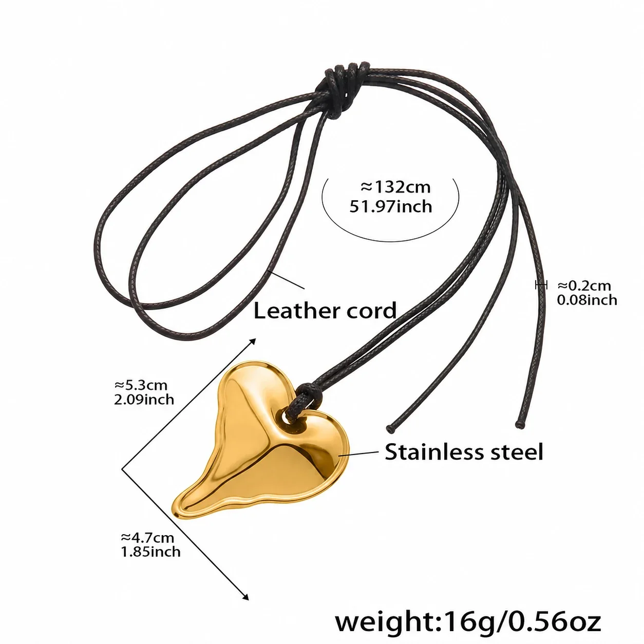 Artful Gold-Plated Blob Heart Black Cord Pendant Necklace - Gold Large Heart cm