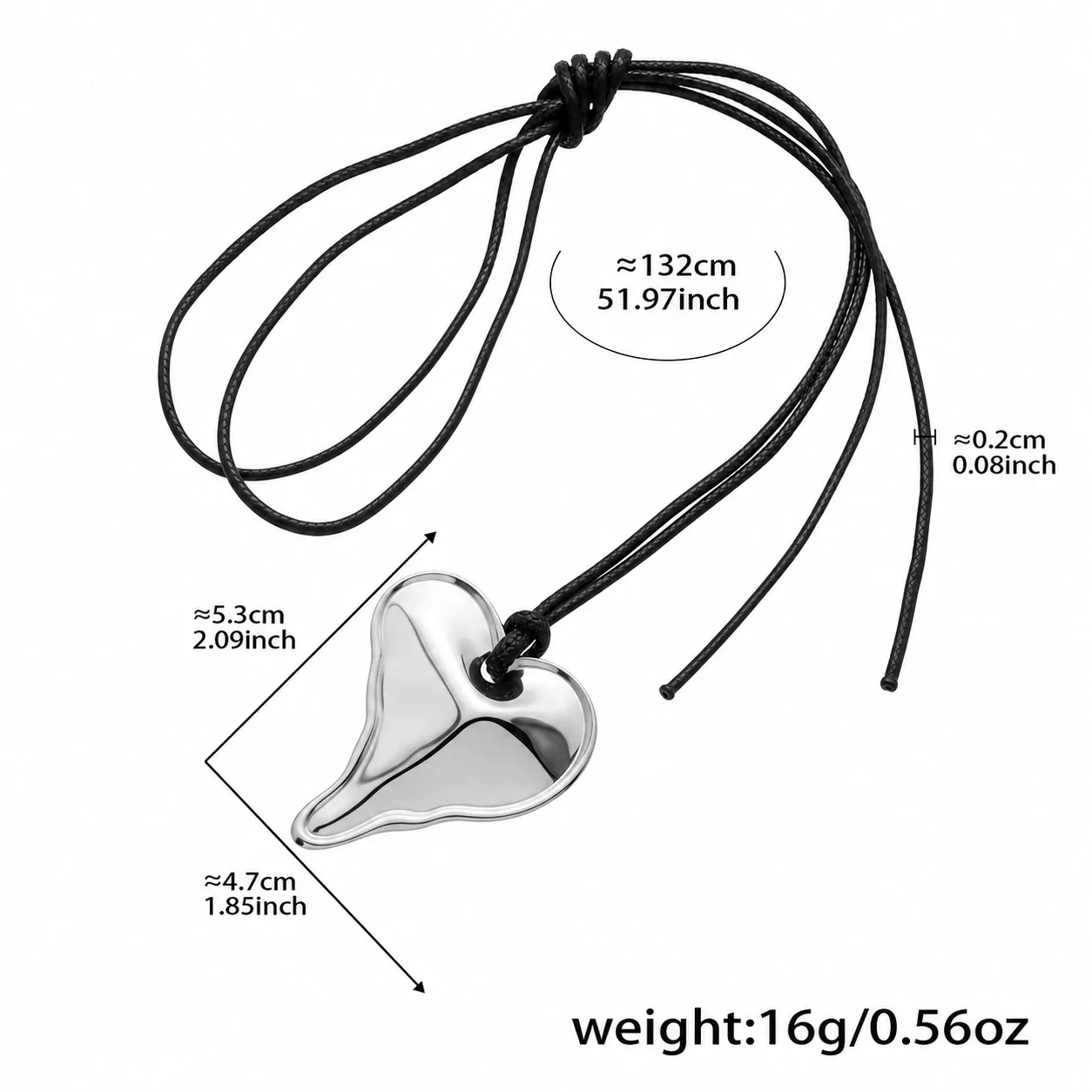 Artful Gold-Plated Blob Heart Black Cord Pendant Necklace - Silver Large Heart cm