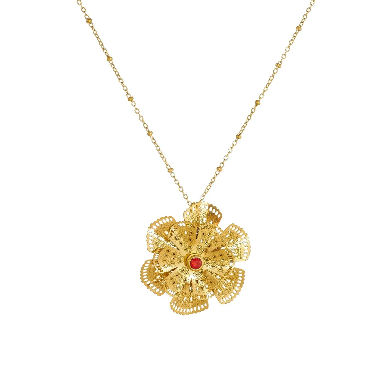 Flower Pendant Necklace with Filigree Petals, Gold-Plated Steel