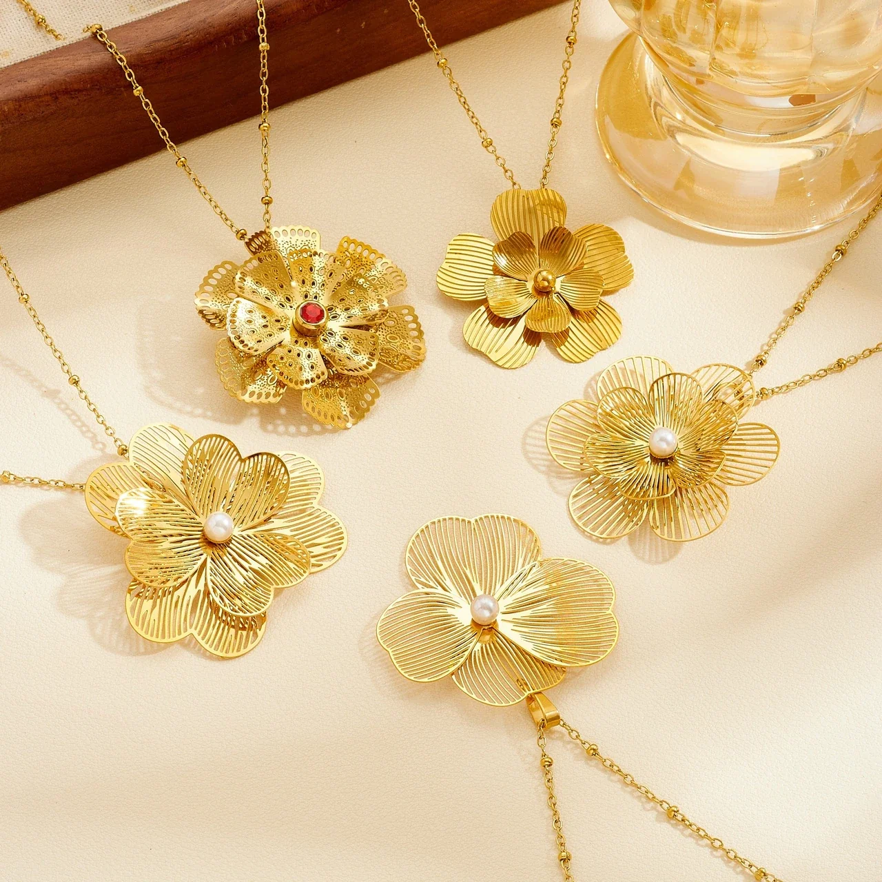 Flower Pendant Necklace with Filigree Petals, Gold-Plated Steel