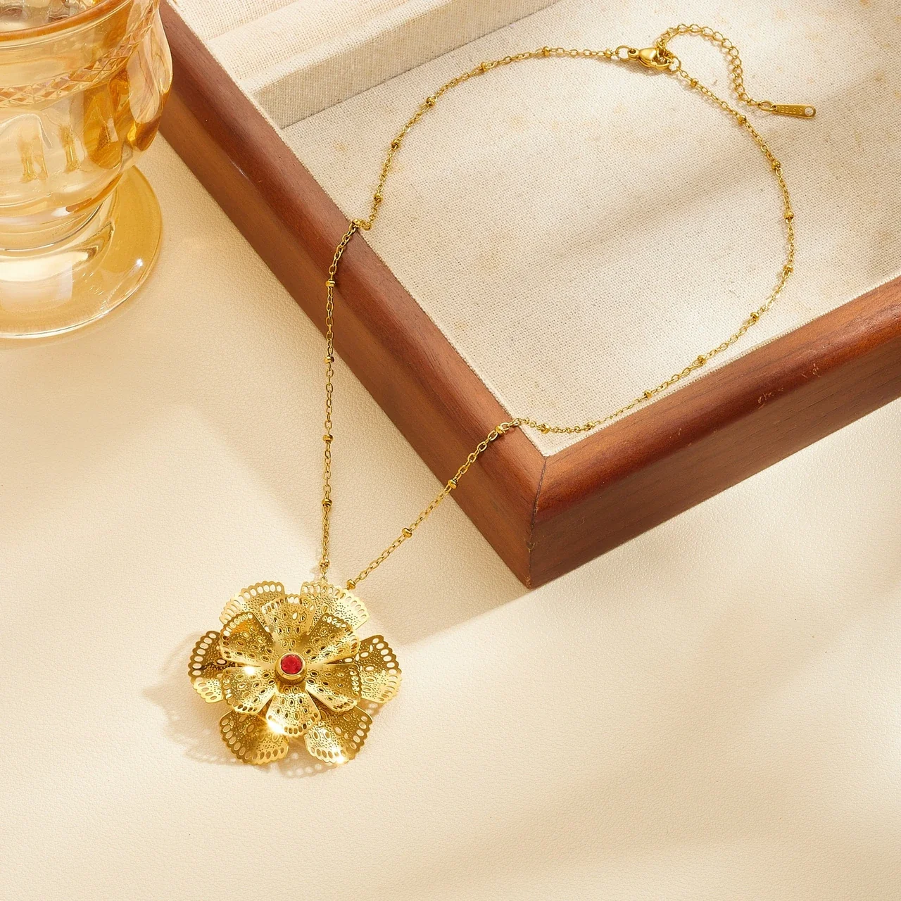 Flower Pendant Necklace with Filigree Petals, Gold-Plated Steel
