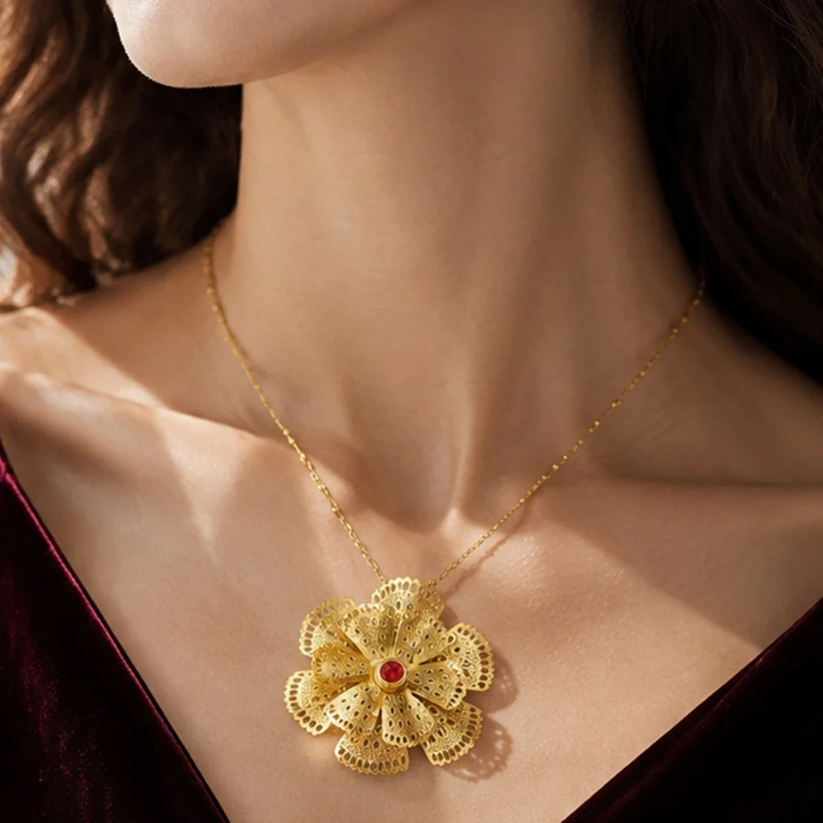 Flower Pendant Necklace with Filigree Petals, Gold-Plated Steel