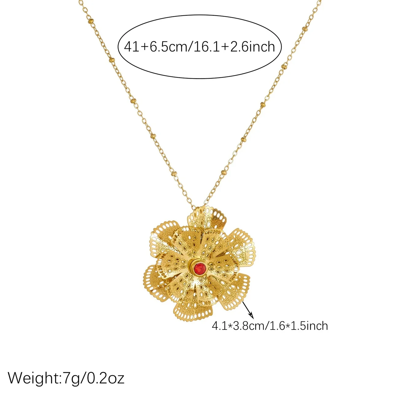 Flower Pendant Necklace with Filigree Petals, Gold-Plated Steel
