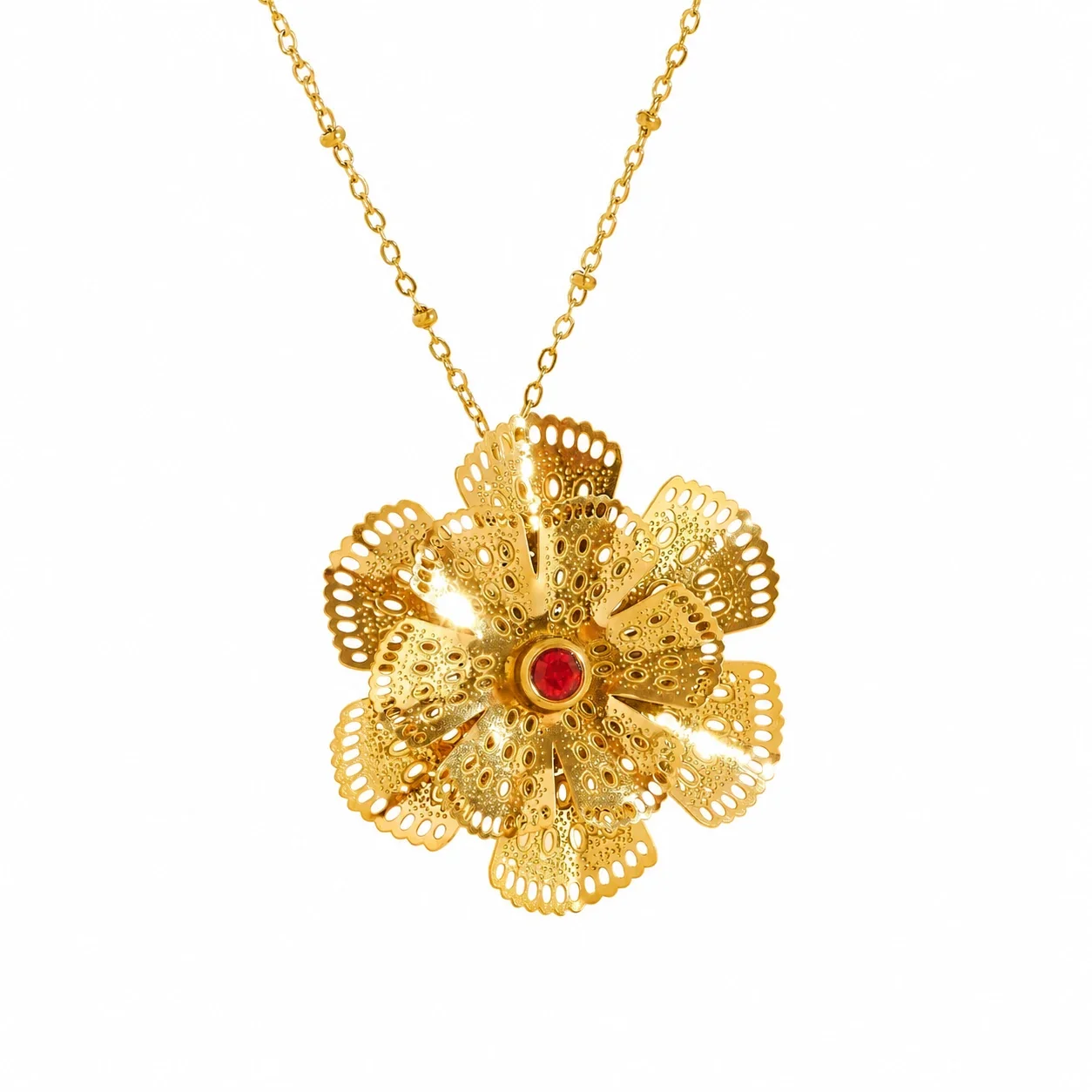 Flower Pendant Necklace with Filigree Petals, Gold-Plated Steel - Gold