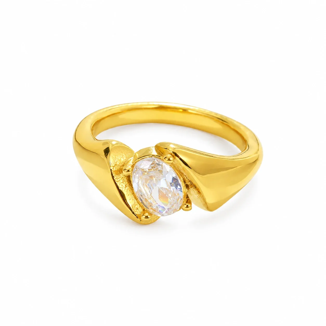 Oval Crystal Twisted Shoulder Ring in Stainless Steel