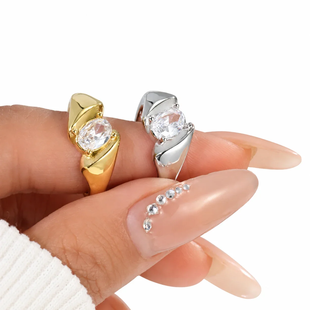 Oval Crystal Twisted Shoulder Ring in Stainless Steel