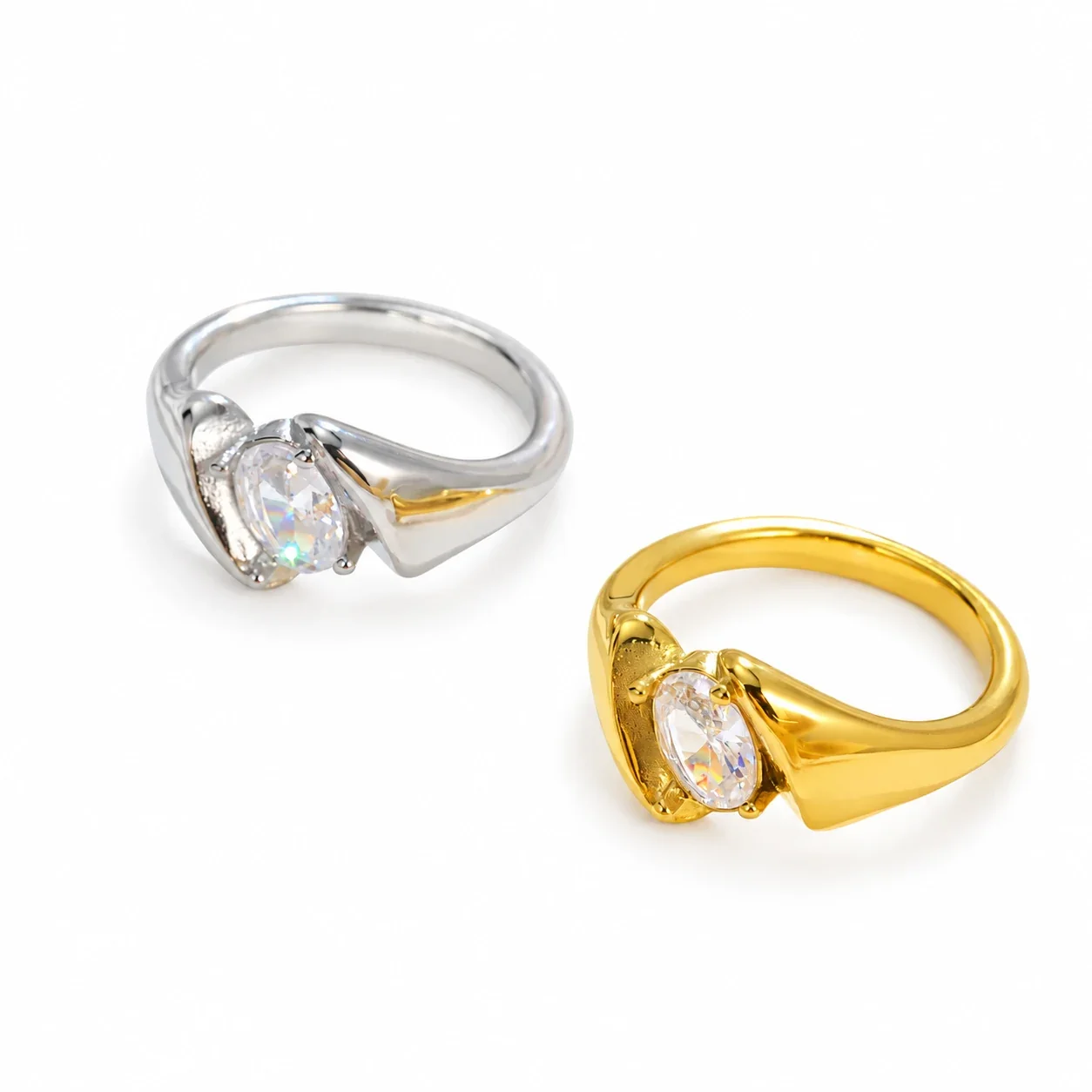 Oval Crystal Twisted Shoulder Ring in Stainless Steel