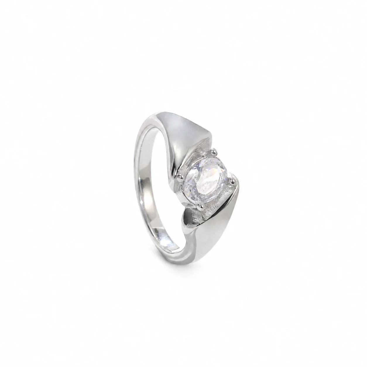 Oval Crystal Twisted Shoulder Ring in Stainless Steel